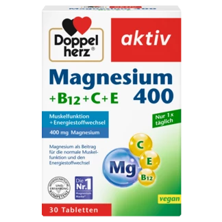 Abbildung der Produktverpackung Doppelherz aktiv Magnesium 400 + B12 + C + E Frontansicht